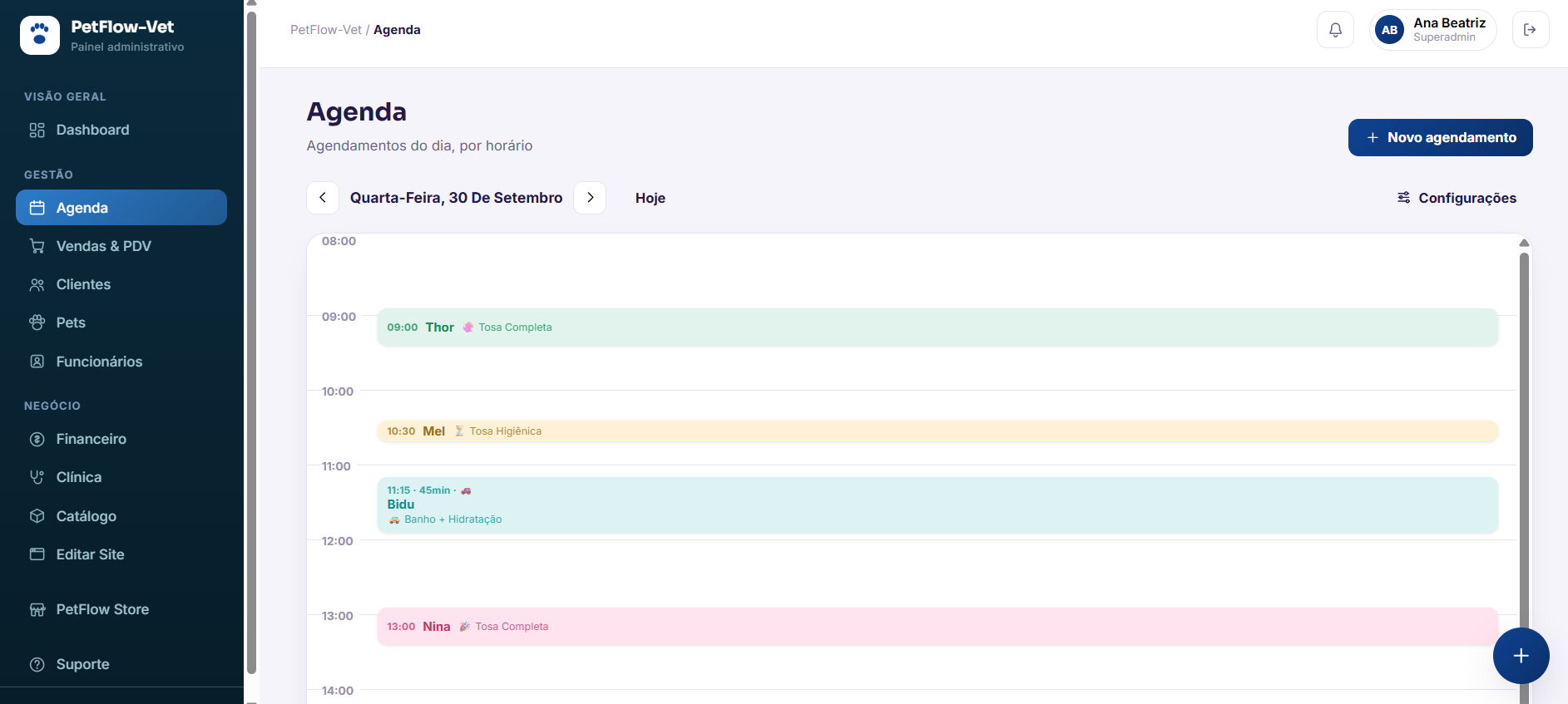 Tela de Agenda do PetFLowVet