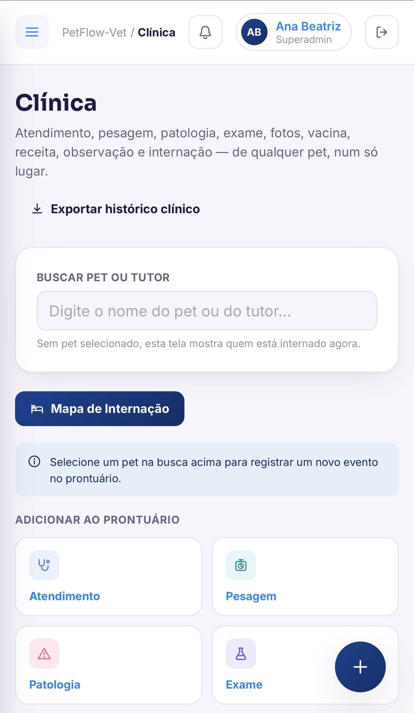 Módulo Clínica do PetFLowVet pelo celular