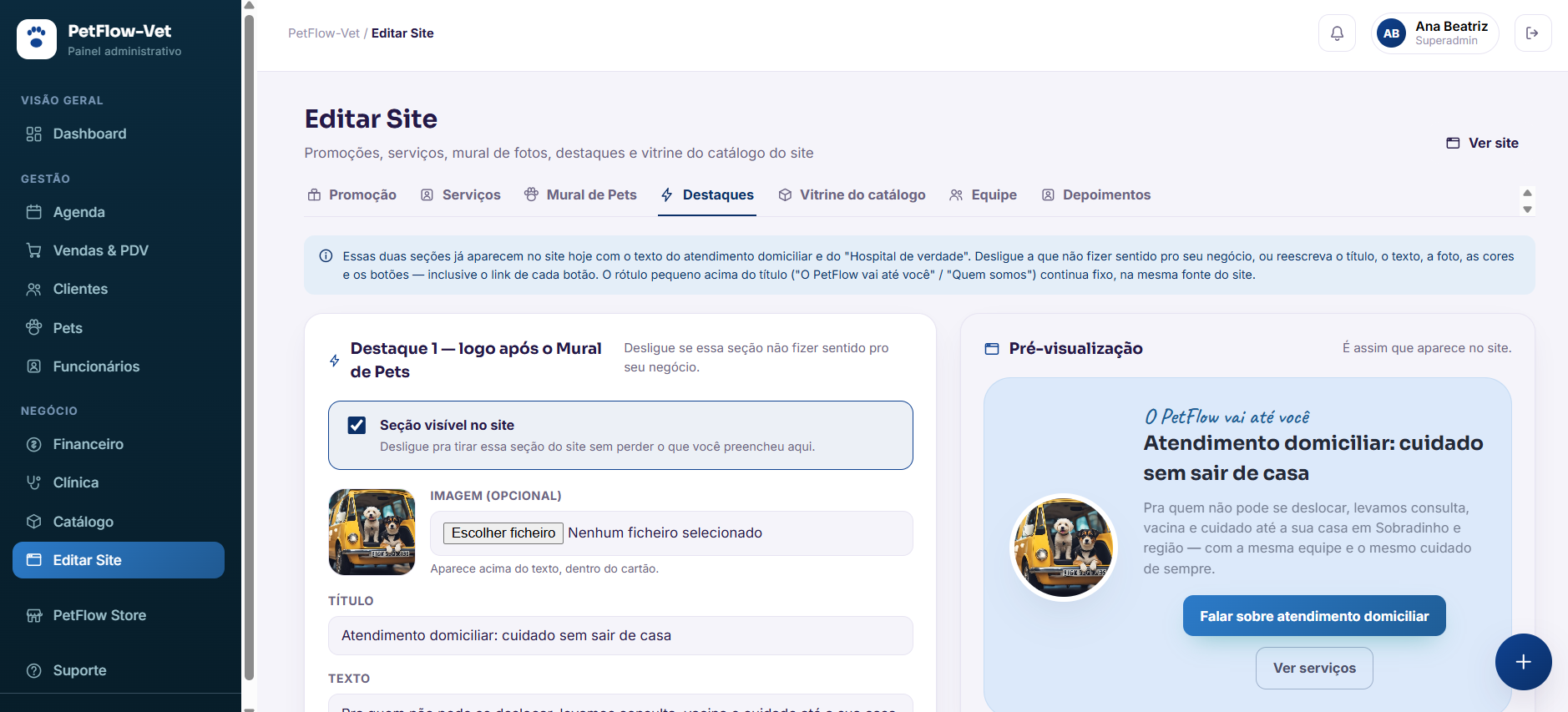 Painel administrativo do PetFLowVet — Editar Site, aba Destaques